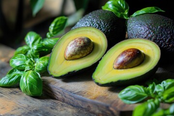 Poster - Fresh avocado sliced on a wooden cutting board, ready for use in recipes or as a healthy snack