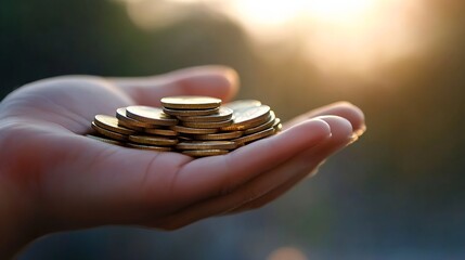 Poster - Closeup of a hand holding a pile of shiny golden coins symbolizing wealth and prosperity : Generative AI