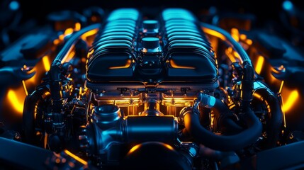 Poster - Stunning Engine Close-Up with Dynamic Lighting Effects and Details