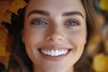 Wall Mural - Portrait of a happy woman with bright blue eyes and a warm smile