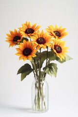 Poster - A bouquet of bright yellow sunflowers in a simple vase on a white background