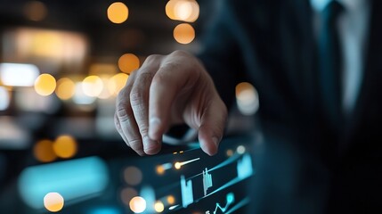 Fototapete - Businessman pointing at a digital screen with data visualizations and graphs in an impressive office : Generative AI