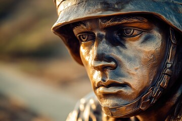 Aufkleber - A bronze statue of a man wearing a helmet, ideal for use in historical or cultural contexts
