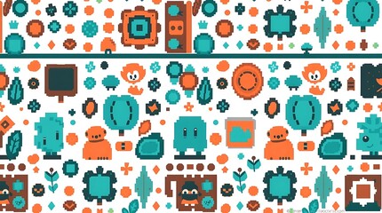 Wall Mural - Pixelated Nature Pattern: A vibrant, pixel art pattern featuring whimsical animals, trees, and geometric shapes in teal, orange, and white. Perfect for textile design, scrapbooking.