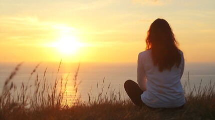 Poster - Solitary Woman Meditating on Hilltop While Watching Breathtaking Sunset Over Calm Ocean : Generative AI