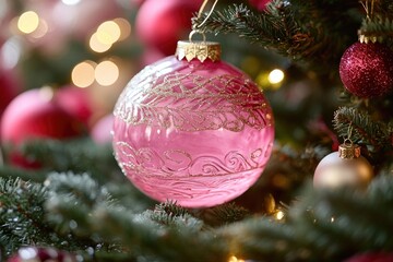 Wall Mural - A pink ornament hangs from a festive Christmas tree