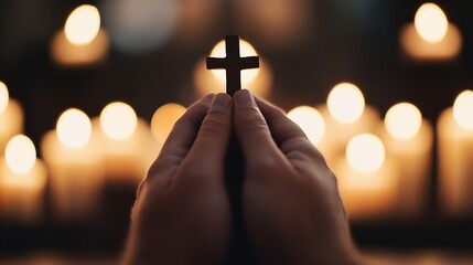 Poster - Hands Holding a Cross Surrounded by Glowing Candles Creating a Spiritual Atmosphere : Generative AI