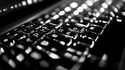 Fototapete - Close up view of a black and silver computer keyboard with reflections and depth highlights : Generative AI