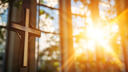 Wall Mural - Cross inside a sunlit church capturing a serene moment of spirituality and faith amidst a peaceful atmosphere : Generative AI