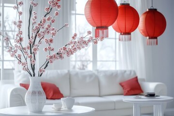 Poster - A cozy living room with white furniture, decorated with red lanterns