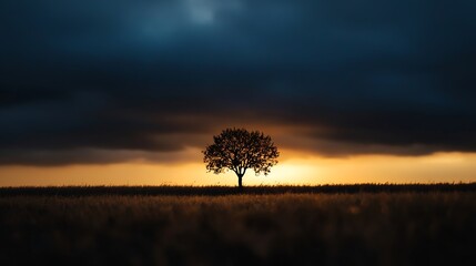 Canvas Print - Stunning silhouette of a solitary tree against a dramatic sky during sunset with vibrant colors and moody atmosphere : Generative AI