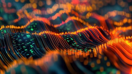 Leinwandbilder - Abstract colorful wavy lines with glowing particles, digital landscape.