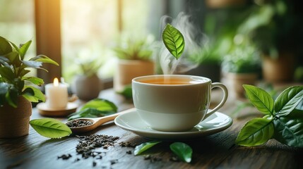 Wall Mural - Steaming teacup, window light, plants, calm