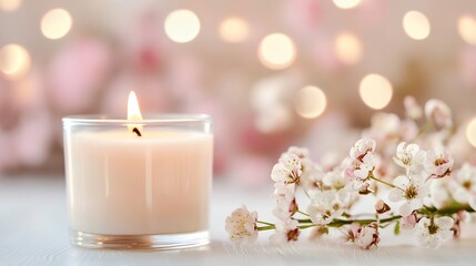 Poster - A beautifully lit scented candle surrounded by soft pink flowers creates a warm cozy atmosphere : Generative AI
