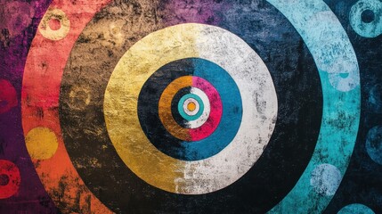 Poster - Abstract concentric circles with grunge texture and vibrant colors.