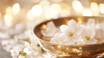 Poster - Delicate white flowers floating in a gilded bowl exuding tranquility and elegance with soft shimmering lights : Generative AI
