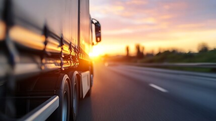 Poster - Dynamic close up of a large truck driving on a highway during a breathtaking sunset : Generative AI