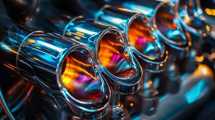 Poster - Close-Up of Shiny Chrome Exhaust Pipes with Vibrant Reflections