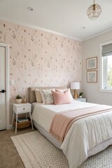 Poster - Cozy Bedroom With Soft Pastel Walls and Minimalist Decor. Generative AI