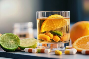 Poster - Glass filled with sliced oranges, limes, and pills for a refreshing drink