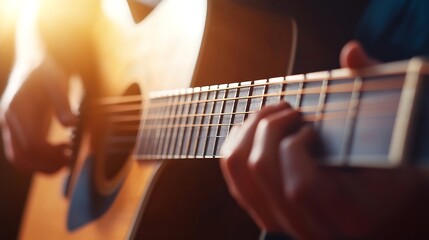 Aufkleber - Close up of a person playing acoustic guitar with sunlit background in soft focus : Generative AI