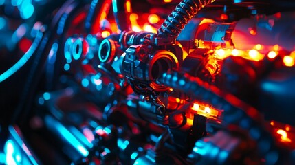Poster - Futuristic Mechanical Components with Glowing Lights in Dark Setting