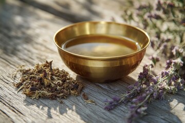 Poster - A bowl of tea sitting next to a bouquet of fresh flowers