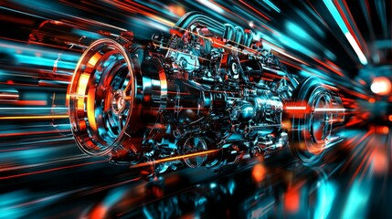 Poster - Futuristic Engine with Neon Lights and Motion Blur Effects
