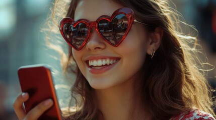 Poster - A woman looks at her phone while wearing heart-shaped sunglasses