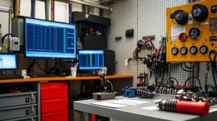 Poster - High-Tech Equipment in Modern Engineering Workshop with Monitors and Tools