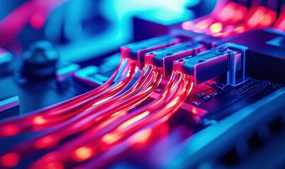 Poster - High-Tech Network Cables with Neon Lights and Circuit Board Closeup