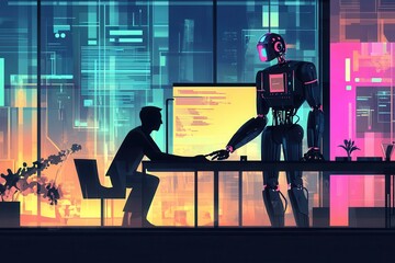 Poster - The Collaboration of Tomorrow - A human and a humanoid robot are immersed in a collaboration at a modern office desk,
