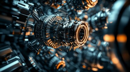 Poster - Intricate Metallic Components with Glow in a Futuristic Design Scene