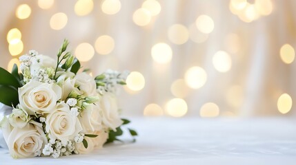 Poster - A stunning bouquet of white roses adorned with delicate greenery against a backdrop of soft glowing lights : Generative AI