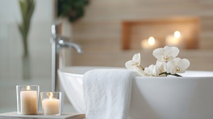 Aufkleber - Relaxing Spa Scene with White Towels and Orchid for Serenity and Calm : Generative AI