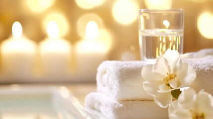 Poster - Refreshing spa setup with water glass candles and delicate flowers bringing relaxation and tranquility : Generative AI