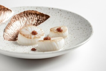 Poster - Fresh mushrooms arranged on a white plate, suitable for food photography or restaurant decor