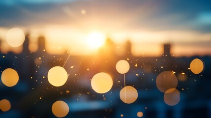 Poster - Dreamy sunset bokeh lights with cityscape background creating a magical evening atmosphere : Generative AI