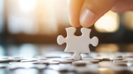 Poster - Closeup of a person holding a white puzzle piece to complete a challenge : Generative AI