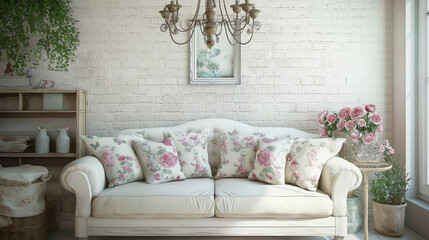 Wall Mural - cozy living room with a distressed white sofa, floral cushions, and vintage chandeliers