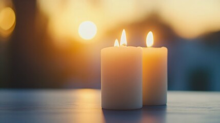 Poster - Tranquil sunset scene with lit white candles creating a cozy and serene atmosphere : Generative AI