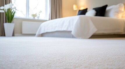Aufkleber - Cozy bedroom setting showcasing a plush white carpet and elegantly arranged bed : Generative AI