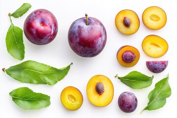 Wall Mural - Fresh plums and leaves arranged on a clean white surface