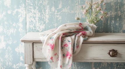 Poster - A delicate floral scarf draped over a shabby chic wooden dresser.