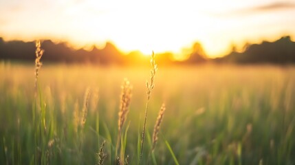 Aufkleber - Sunset lighting illuminating tall grass in an idyllic countryside scene creating a serene ambiance : Generative AI