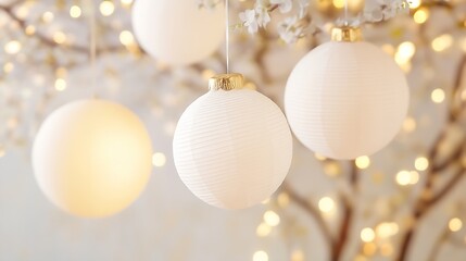 Poster - Elegant white paper lanterns glowing softly against a beautifully decorated background : Generative AI