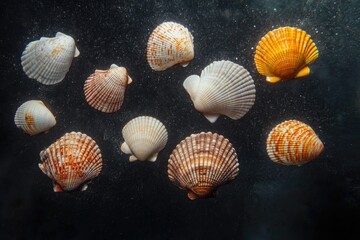 Poster - A group of sea shells drifting on the surface of the water