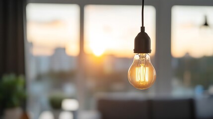 Poster - Stylish light bulb glowing warmly in a window during sunset with a cozy atmosphere : Generative AI