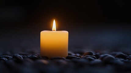 Poster - Glimmering candle flame on smooth stones creating a warm and inviting atmosphere of peace : Generative AI