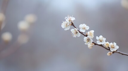 Poster - Beautiful close up of delicate white flowers on branch with soft focus background in springtime : Generative AI